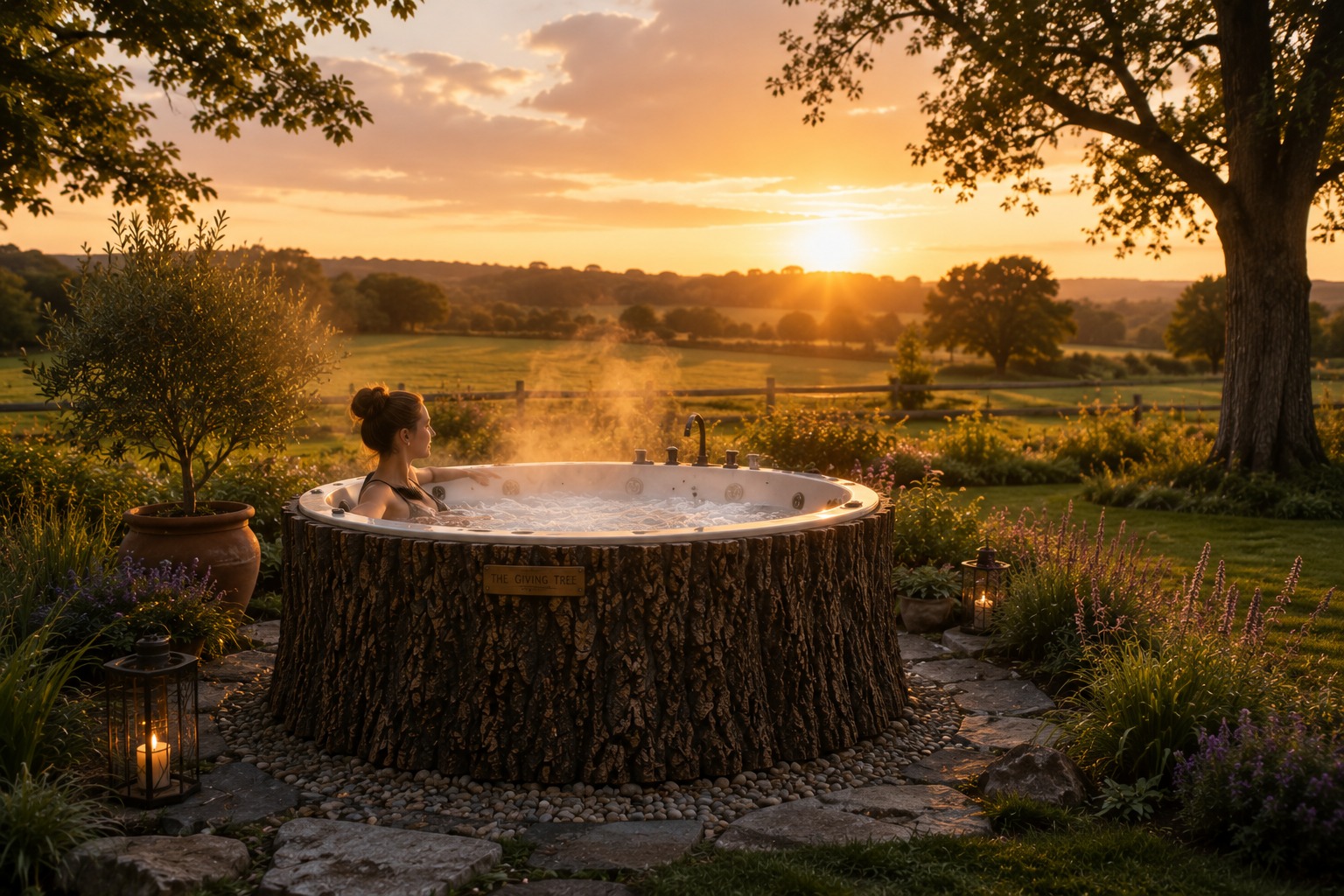The Giving Tree hot tub at sunset
